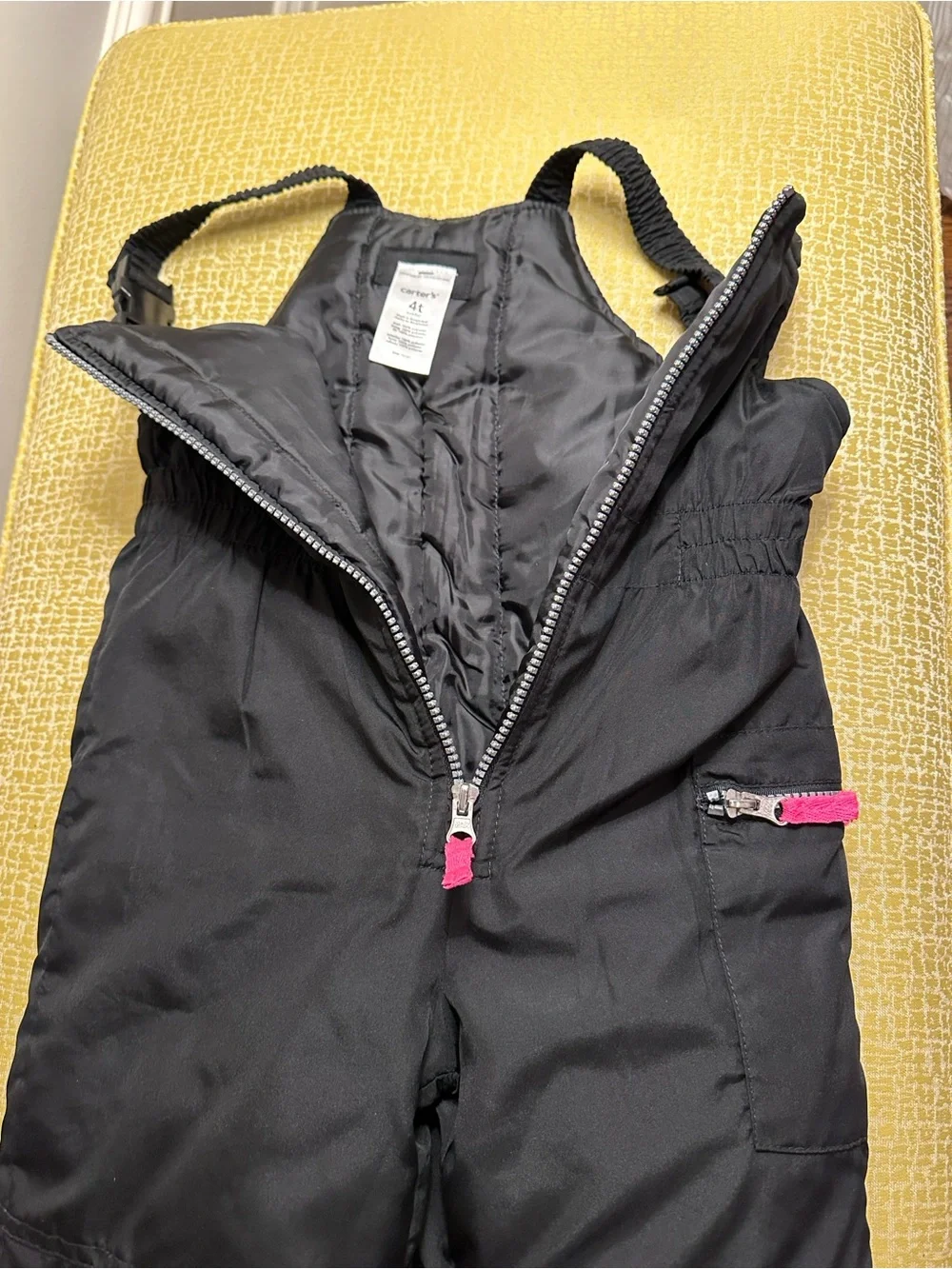Carter's Black Snow Bib Overalls with Pink Zipper Accents